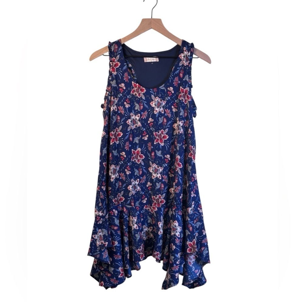 Altar'd State Blue Floral Dress.  Racerback style. Size Small. Asymmetrical Hem